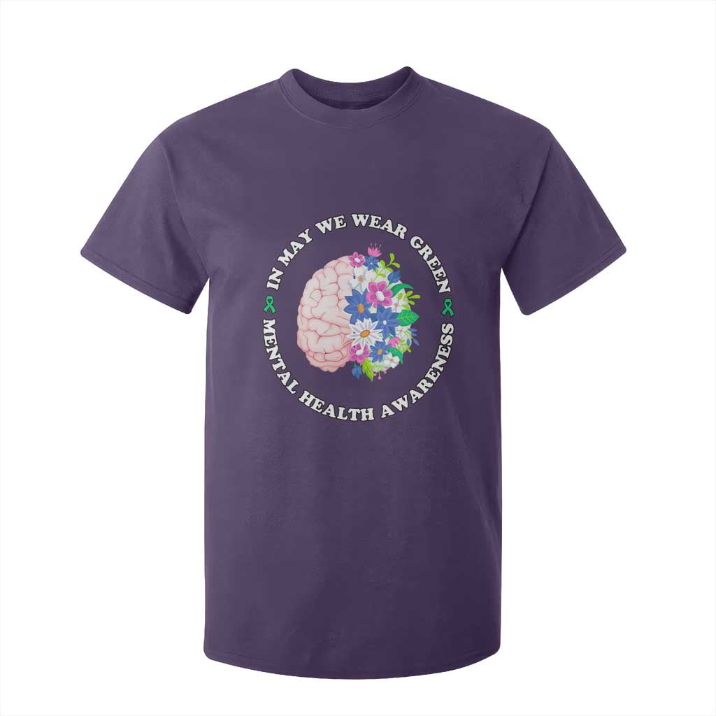 Mental Health Matters T Shirt For Kid In May We Wear Green Floral Human Brain With Flowers