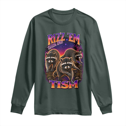 Rizz Em With The Tism Funny Raccoon Graphic Long Sleeve Shirt Retro 80s Cyberpunk Autism Neurodiversity Humor