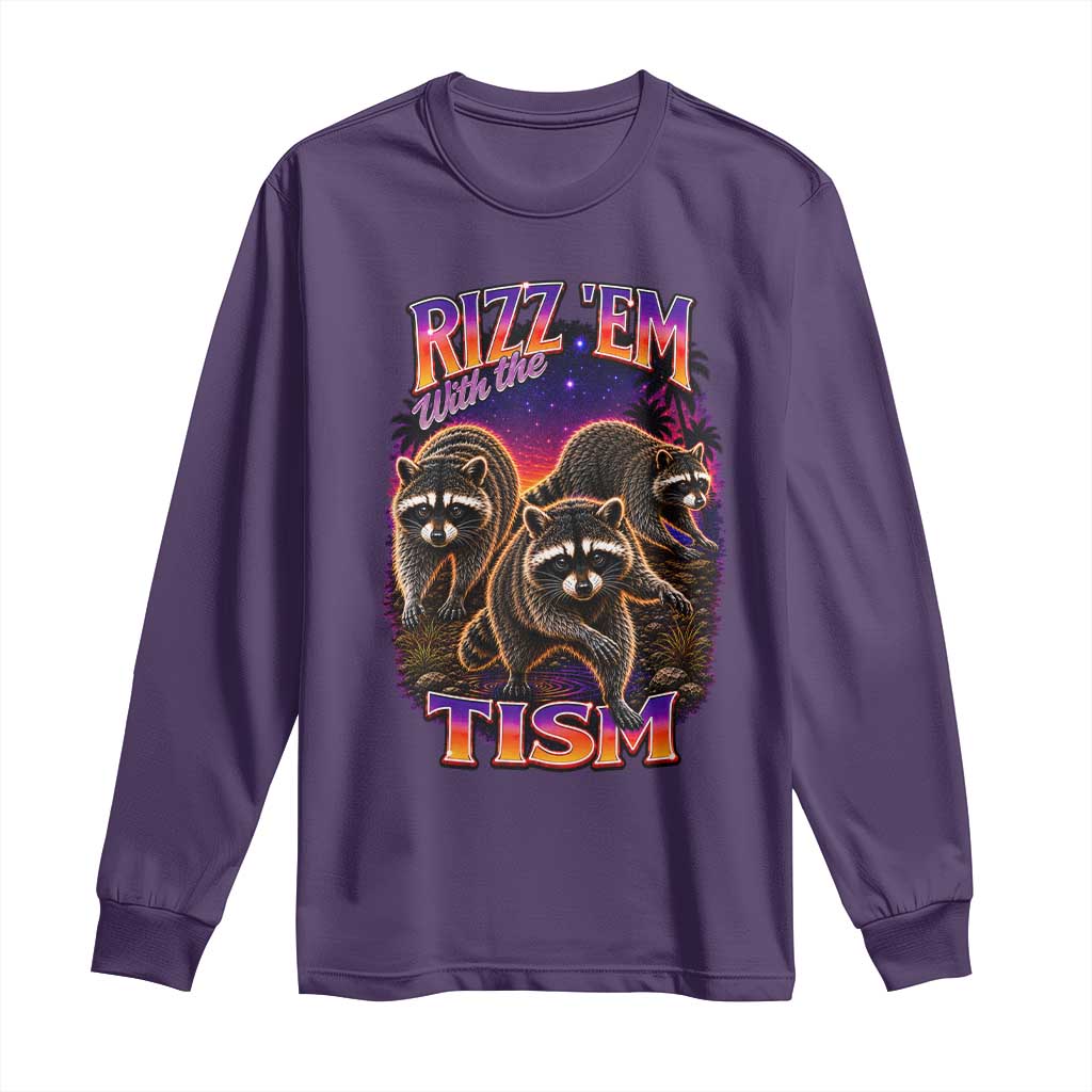 Rizz Em With The Tism Funny Raccoon Graphic Long Sleeve Shirt Retro 80s Cyberpunk Autism Neurodiversity Humor
