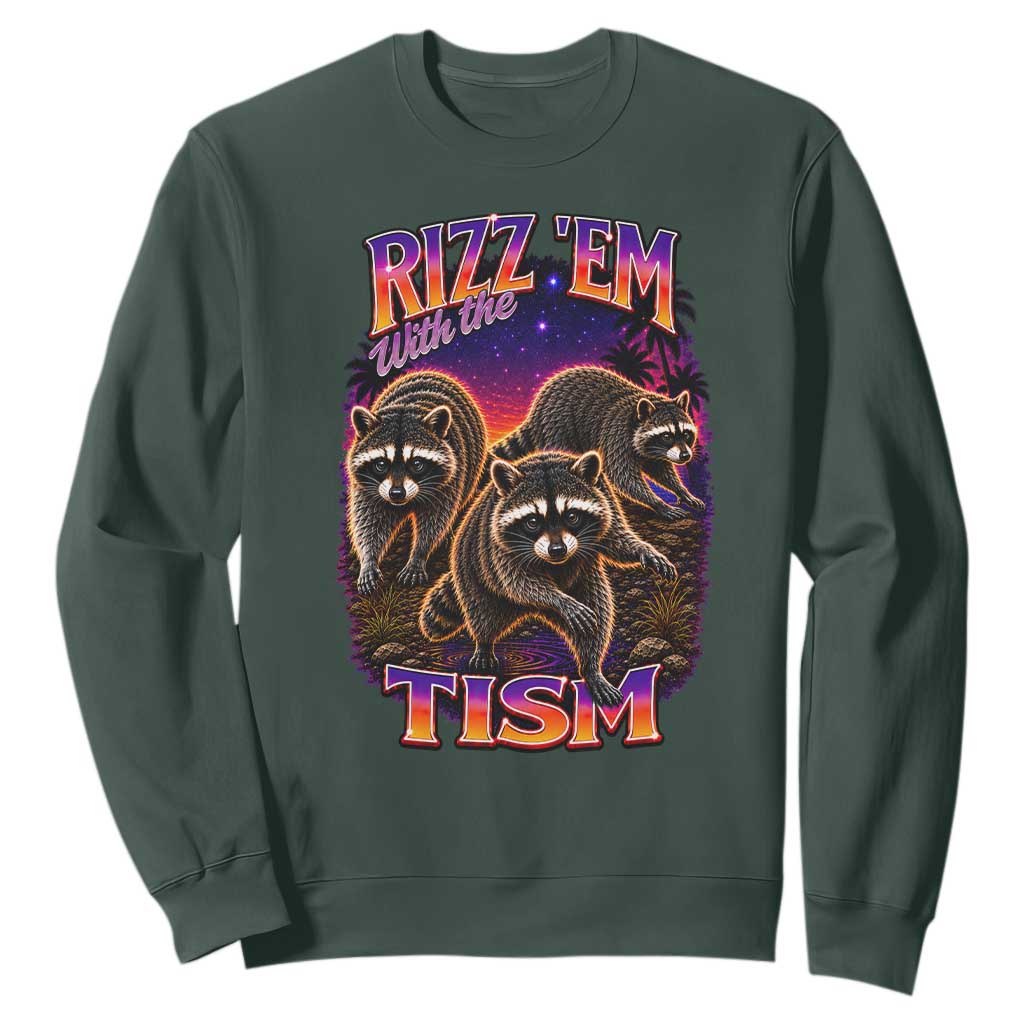 Rizz Em With The Tism Funny Raccoon Graphic Sweatshirt Retro 80s Cyberpunk Autism Neurodiversity Humor
