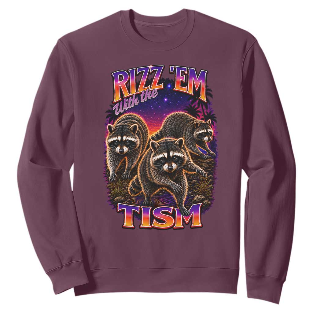 Rizz Em With The Tism Funny Raccoon Graphic Sweatshirt Retro 80s Cyberpunk Autism Neurodiversity Humor