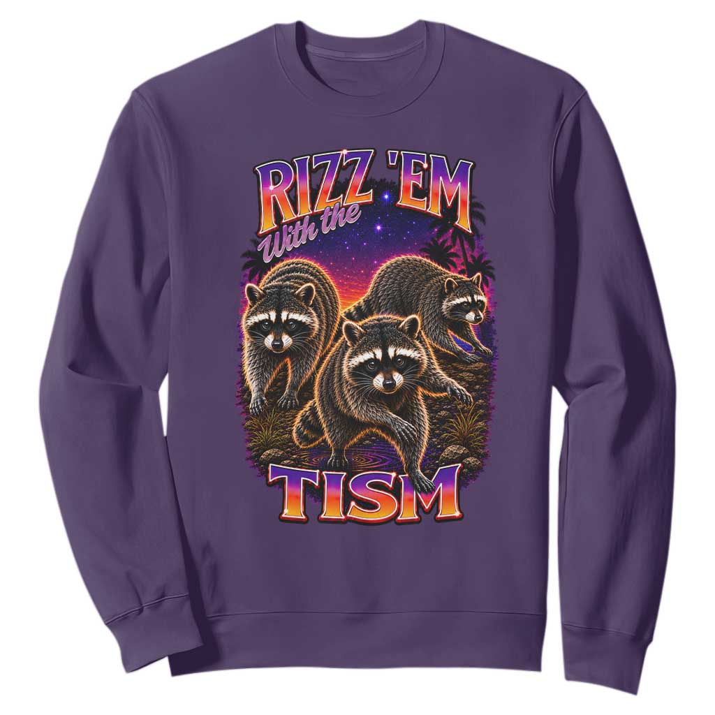 Rizz Em With The Tism Funny Raccoon Graphic Sweatshirt Retro 80s Cyberpunk Autism Neurodiversity Humor
