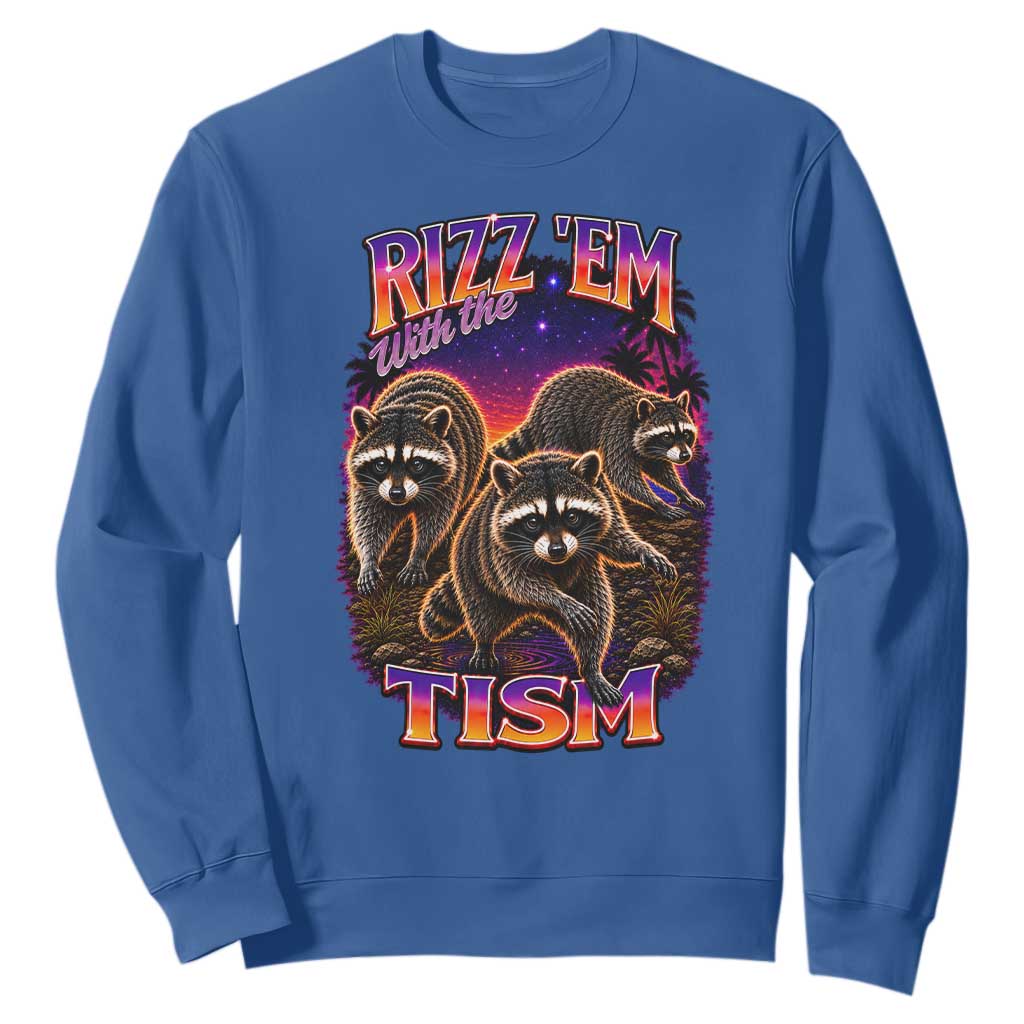 Rizz Em With The Tism Funny Raccoon Graphic Sweatshirt Retro 80s Cyberpunk Autism Neurodiversity Humor