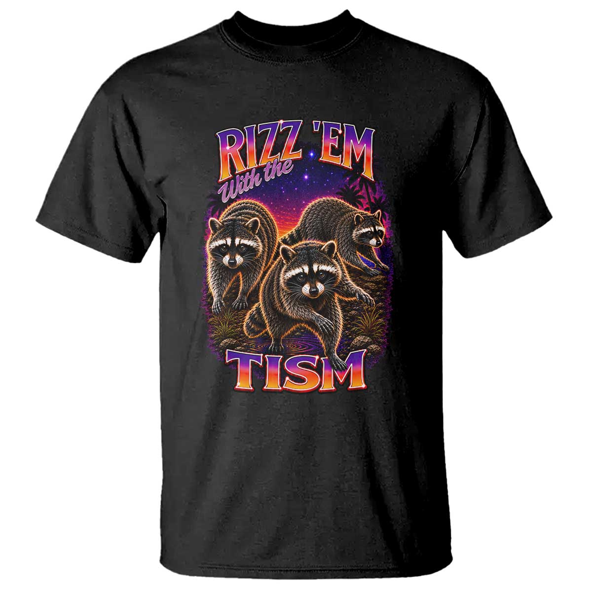 Rizz Em With The Tism Funny Raccoon Graphic T Shirt Retro 80s Cyberpunk Autism Neurodiversity Humor