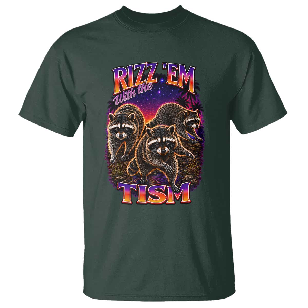 Rizz Em With The Tism Funny Raccoon Graphic T Shirt Retro 80s Cyberpunk Autism Neurodiversity Humor