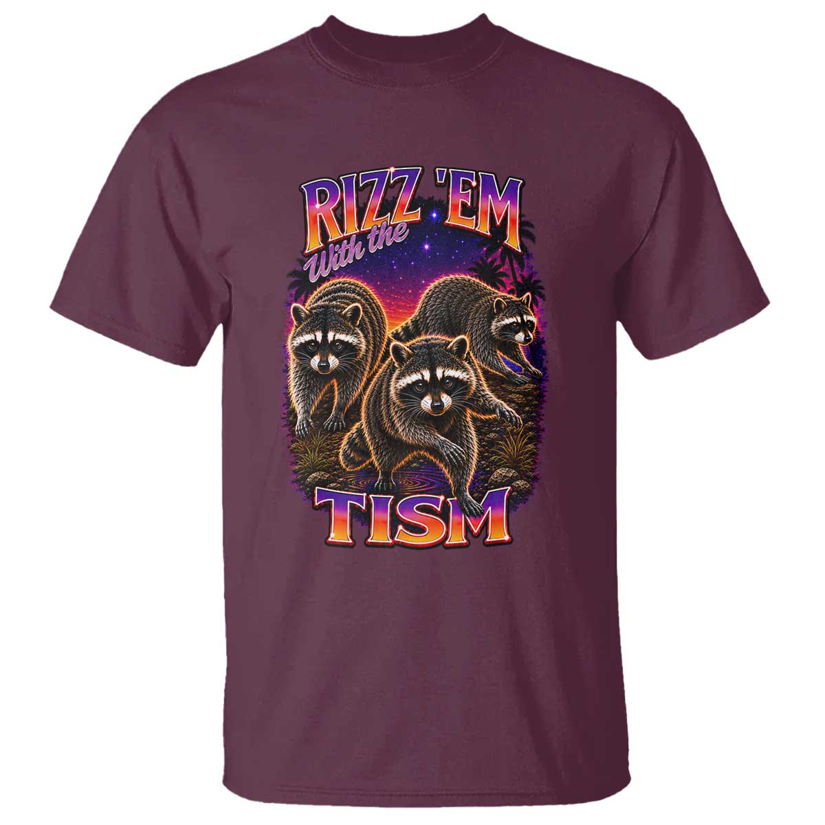 Rizz Em With The Tism Funny Raccoon Graphic T Shirt Retro 80s Cyberpunk Autism Neurodiversity Humor