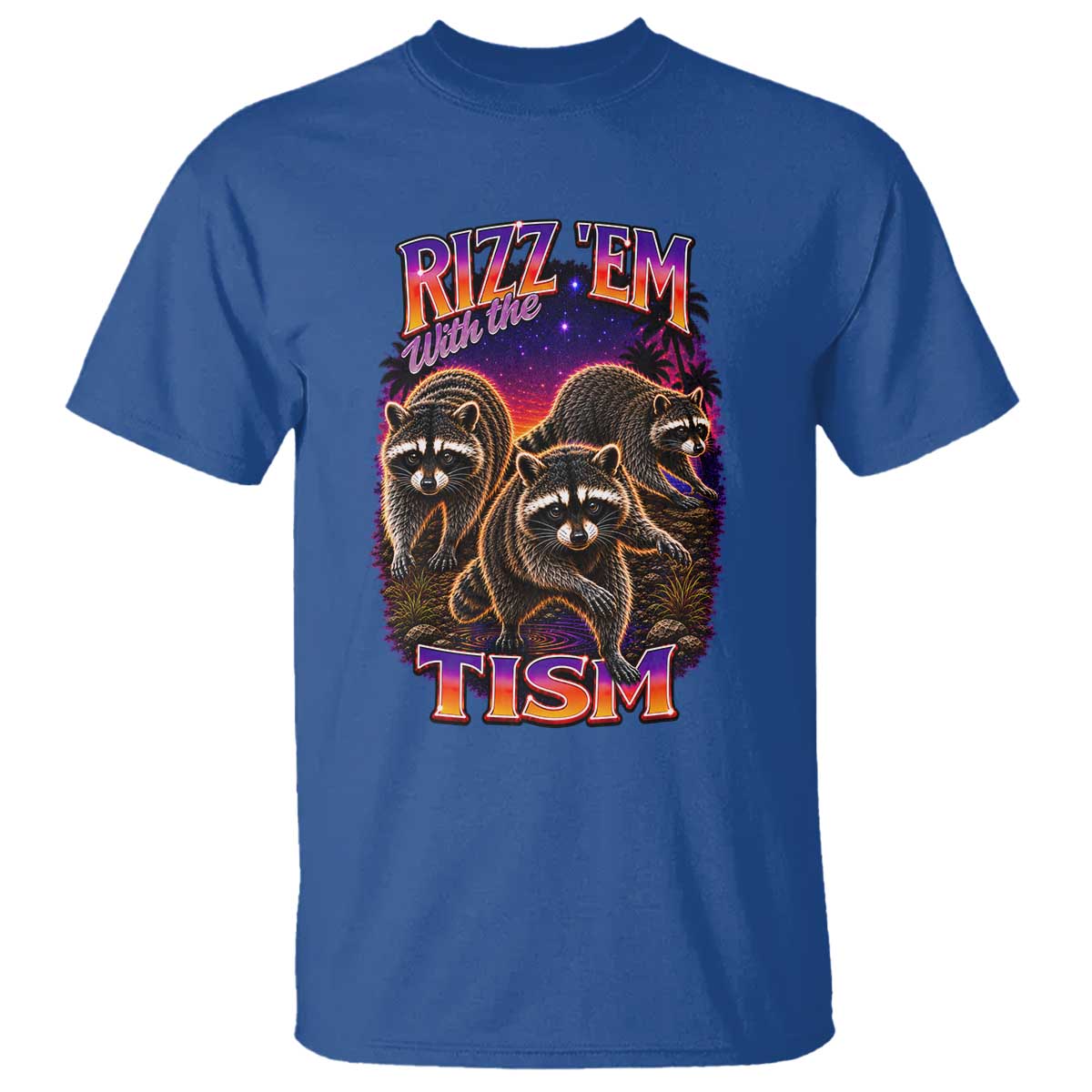 Rizz Em With The Tism Funny Raccoon Graphic T Shirt Retro 80s Cyberpunk Autism Neurodiversity Humor
