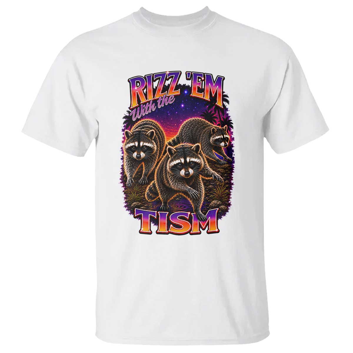 Rizz Em With The Tism Funny Raccoon Graphic T Shirt Retro 80s Cyberpunk Autism Neurodiversity Humor