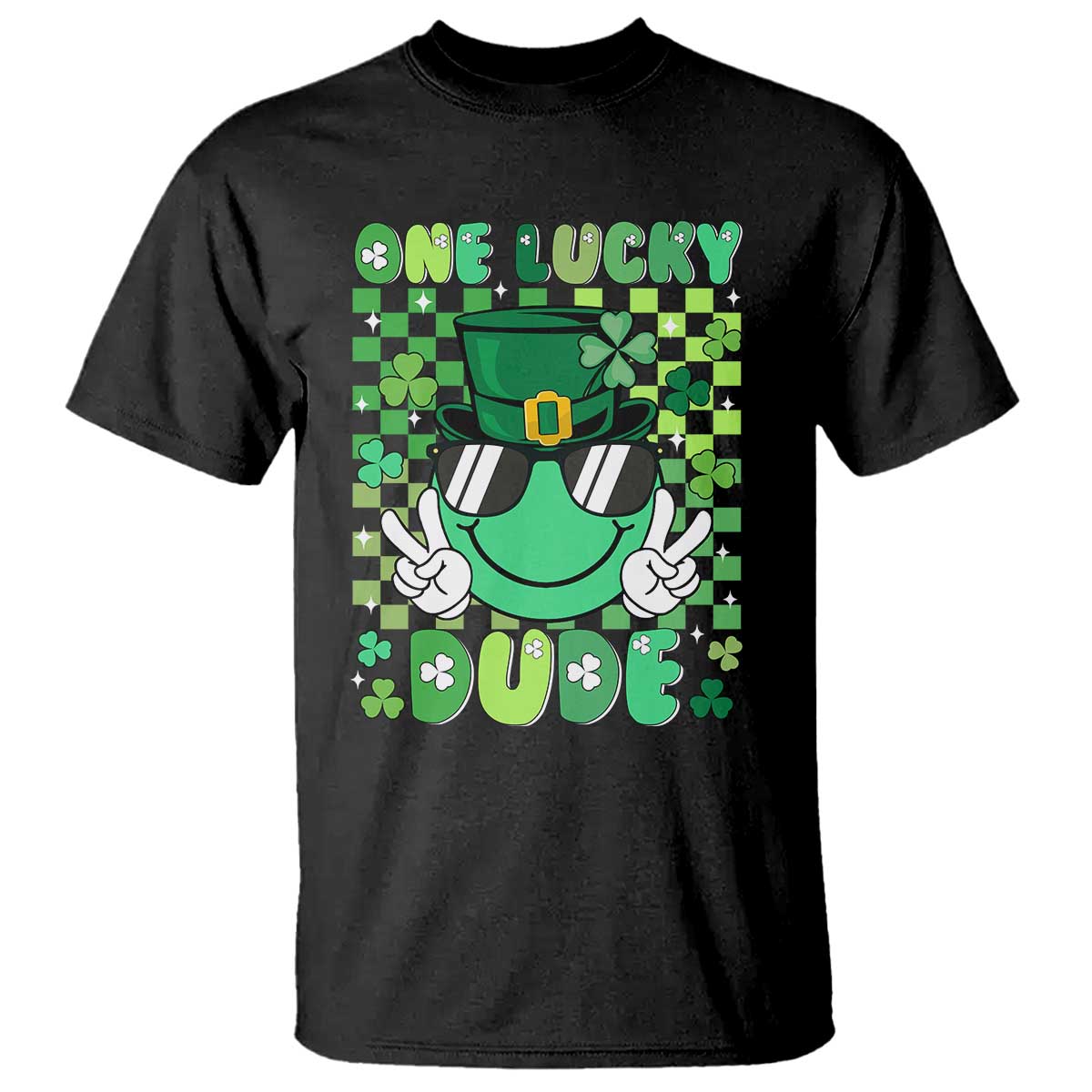 retro-st-patricks-day-t-shirt-one-lucky-dude-green-checkered-heart-groovy