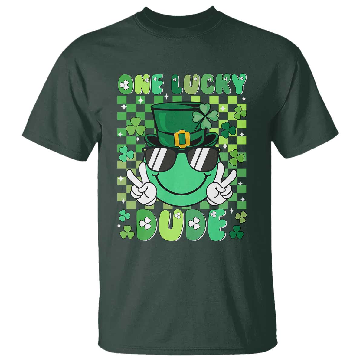 retro-st-patricks-day-t-shirt-one-lucky-dude-green-checkered-heart-groovy