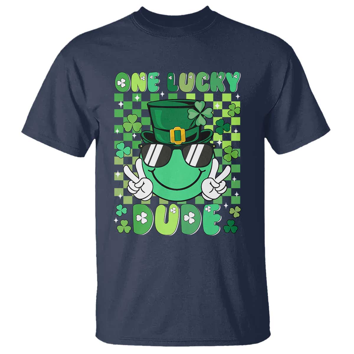 retro-st-patricks-day-t-shirt-one-lucky-dude-green-checkered-heart-groovy