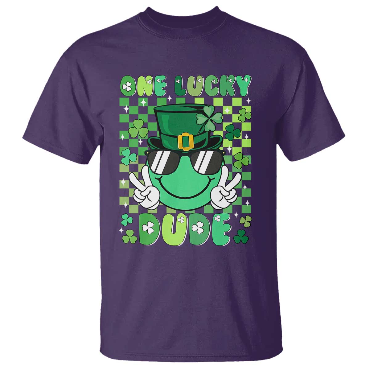 retro-st-patricks-day-t-shirt-one-lucky-dude-green-checkered-heart-groovy