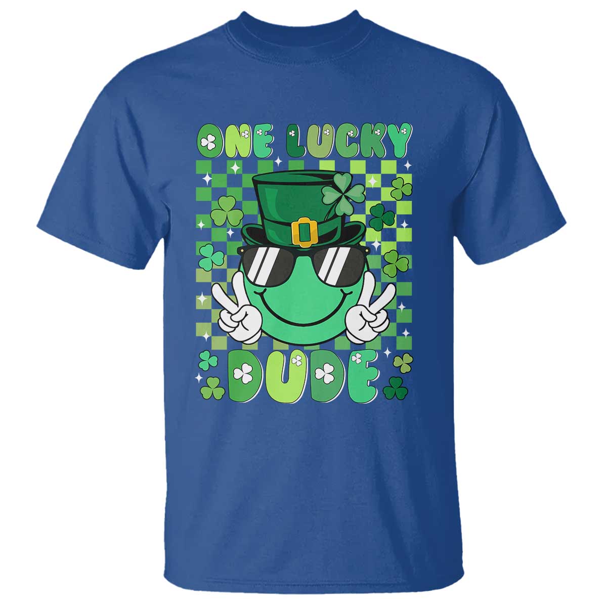 retro-st-patricks-day-t-shirt-one-lucky-dude-green-checkered-heart-groovy