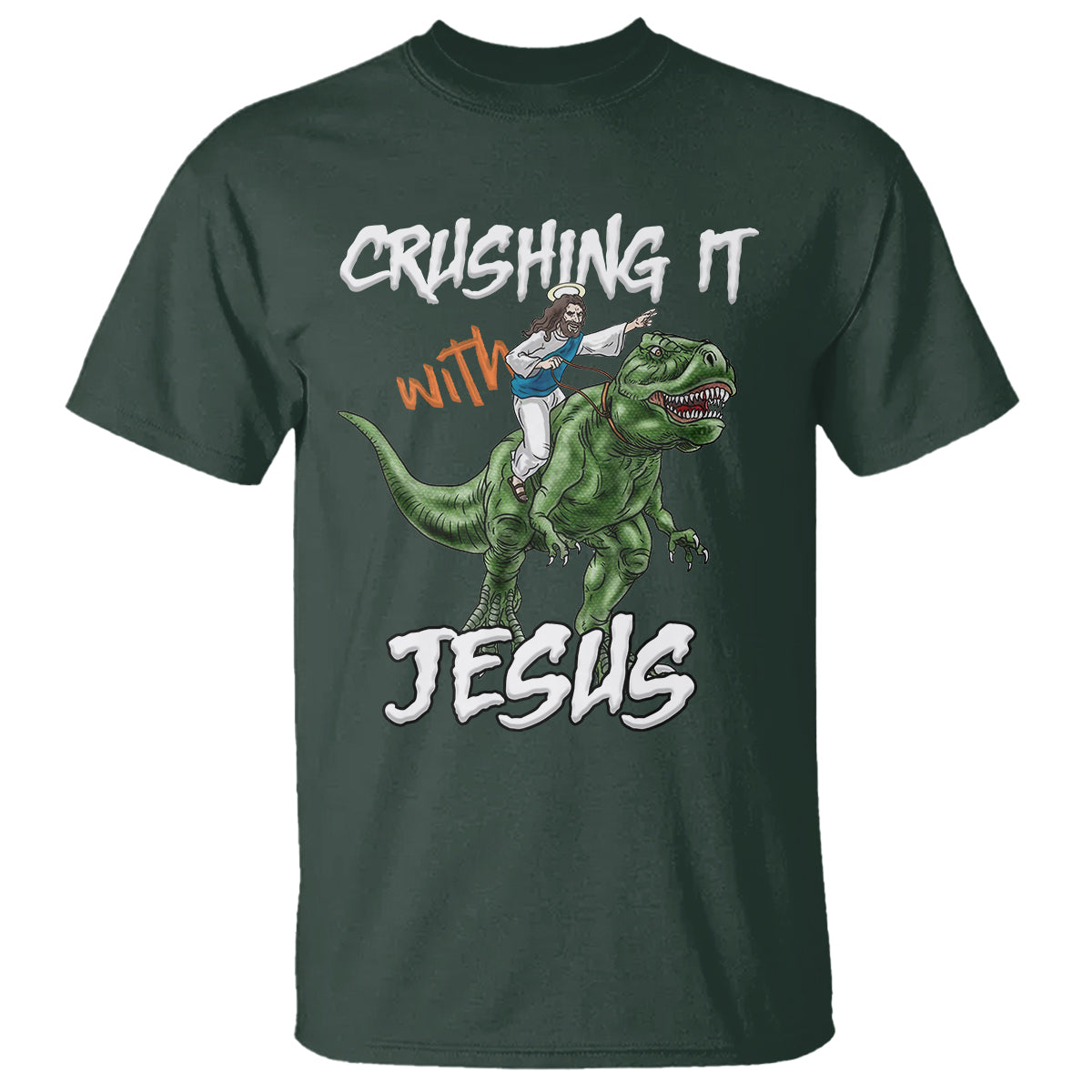 crushing-it-with-jesus-t-shirt-funny-riding-dinosaur