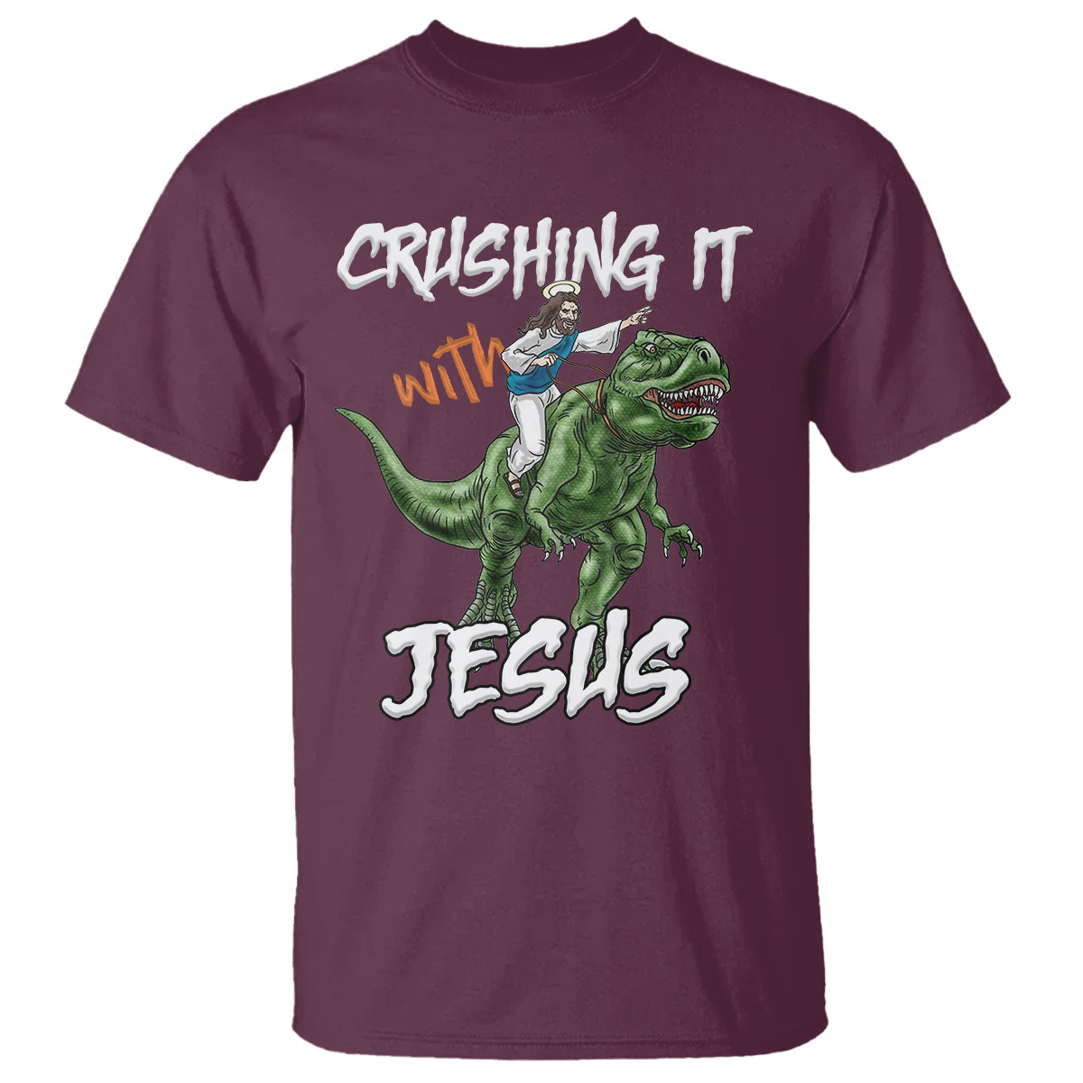 crushing-it-with-jesus-t-shirt-funny-riding-dinosaur