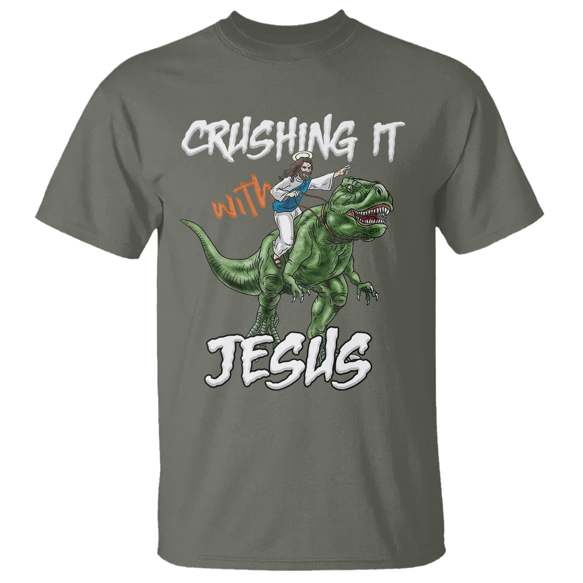 crushing-it-with-jesus-t-shirt-funny-riding-dinosaur
