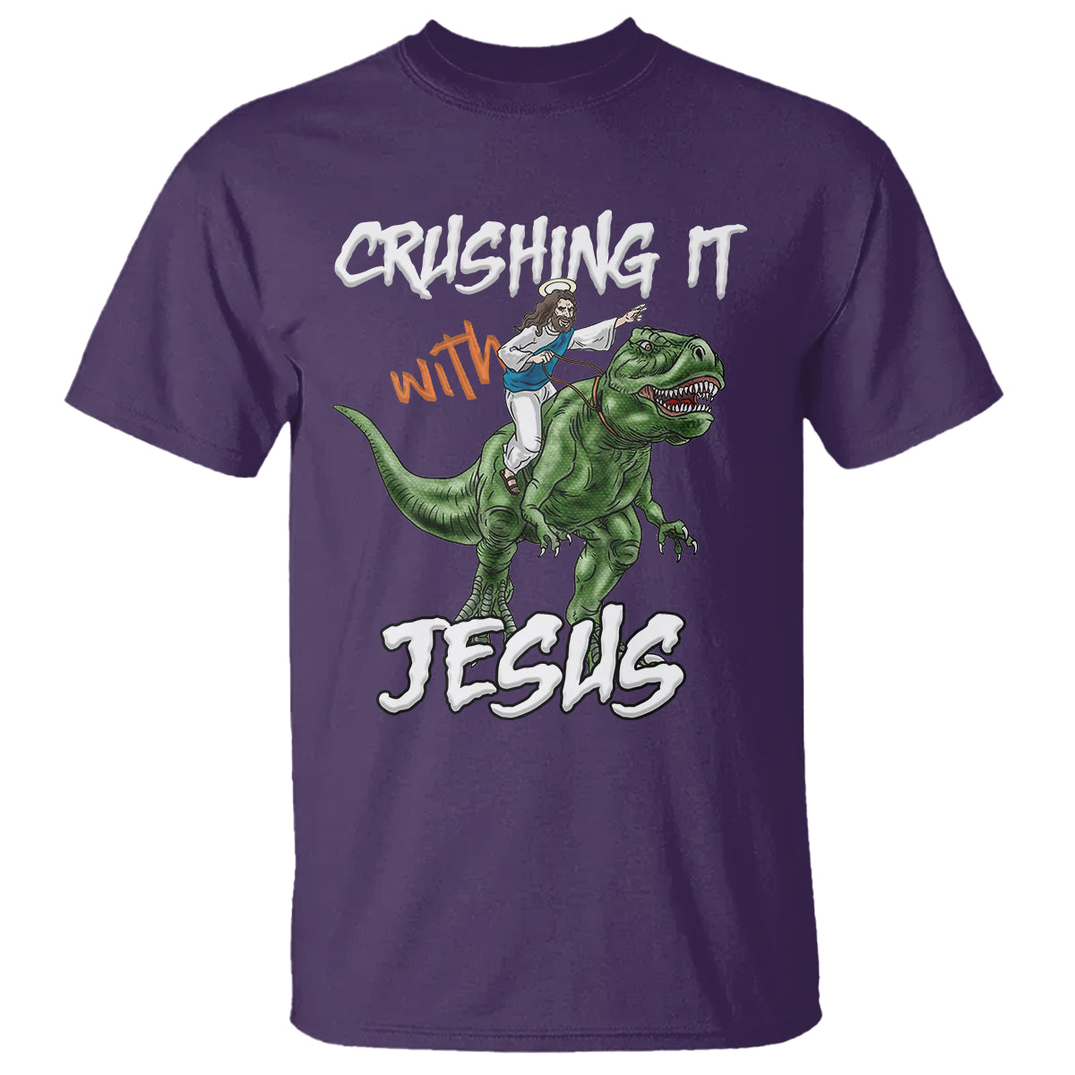 crushing-it-with-jesus-t-shirt-funny-riding-dinosaur