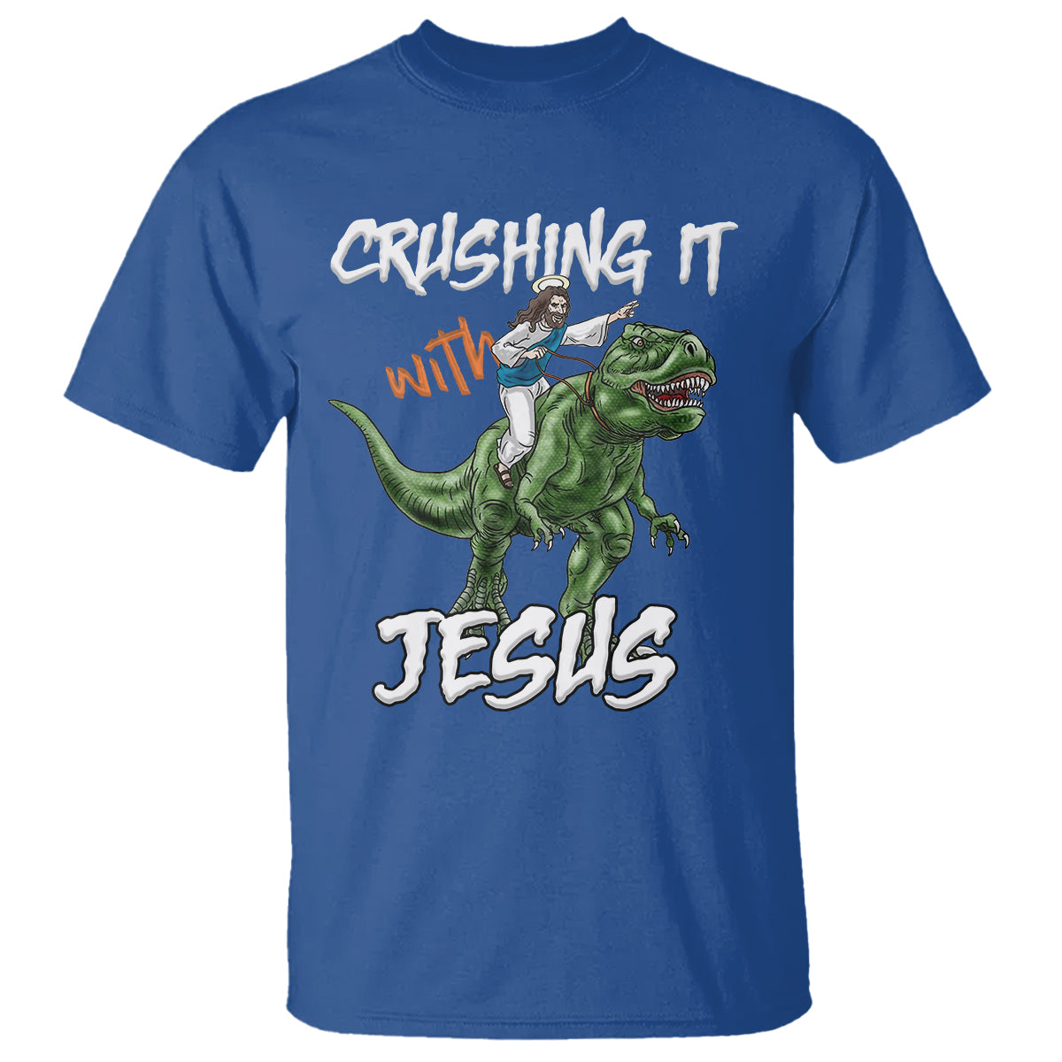 crushing-it-with-jesus-t-shirt-funny-riding-dinosaur