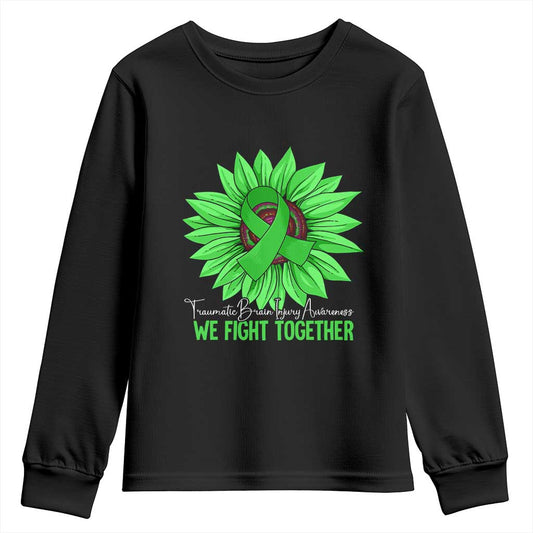 Traumatic Brain Injury Support Youth Sweatshirt TBI We Fight Together Green Sunflower