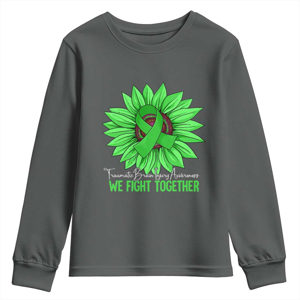 Traumatic Brain Injury Support Youth Sweatshirt TBI We Fight Together Green Sunflower