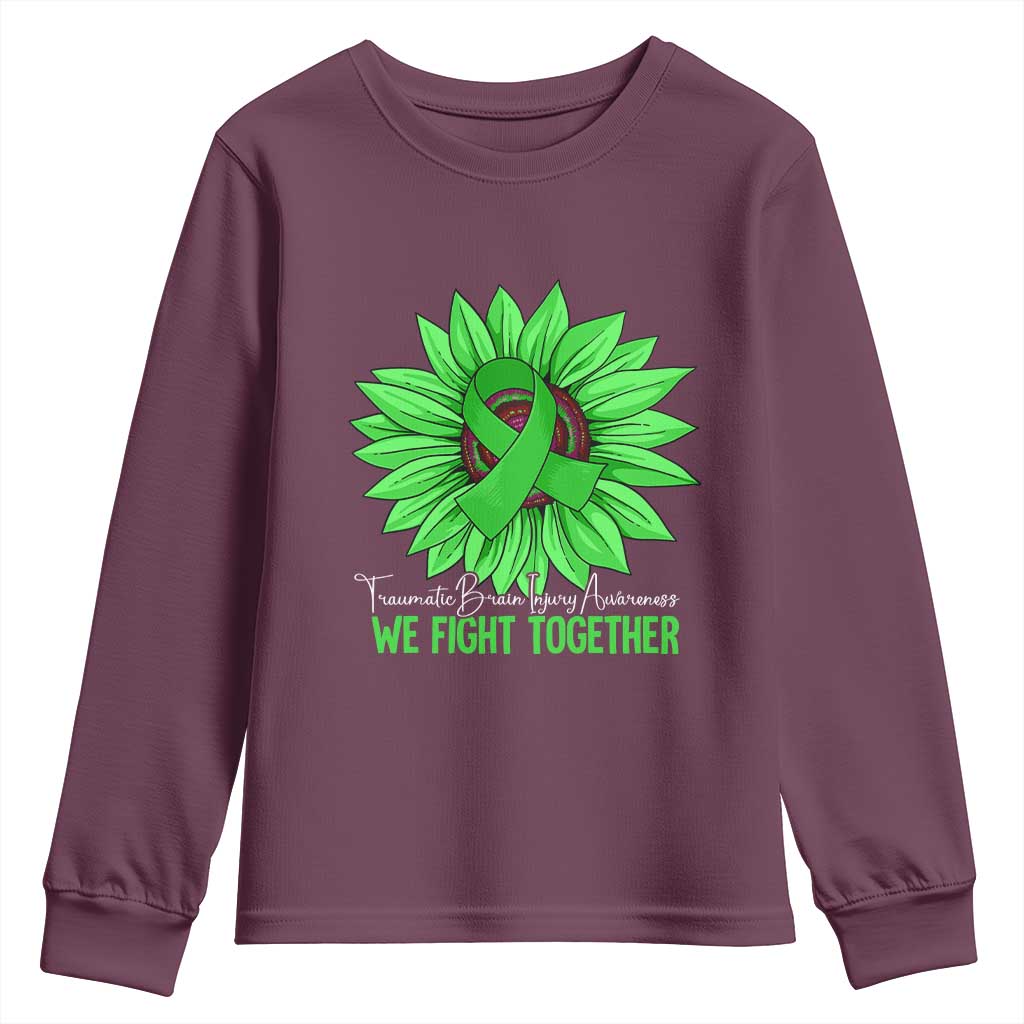 Traumatic Brain Injury Support Youth Sweatshirt TBI We Fight Together Green Sunflower