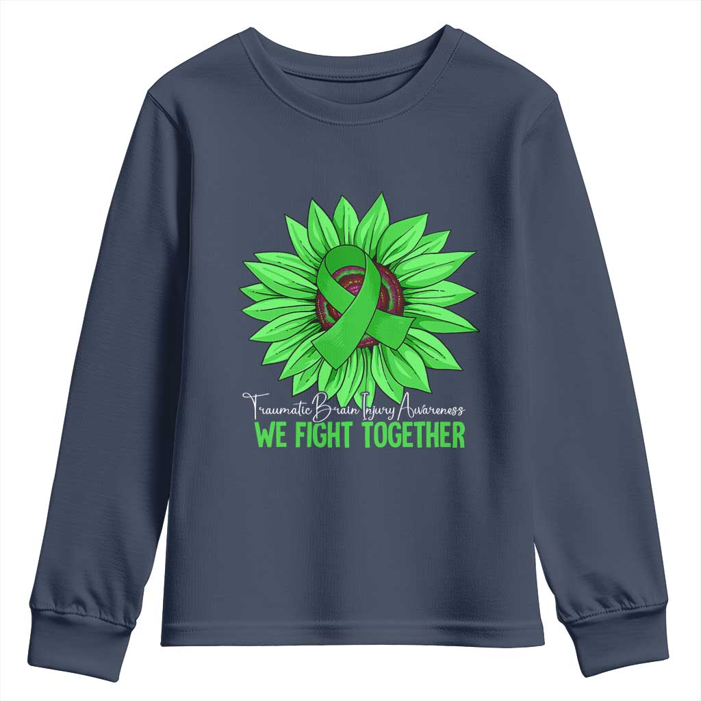 Traumatic Brain Injury Support Youth Sweatshirt TBI We Fight Together Green Sunflower