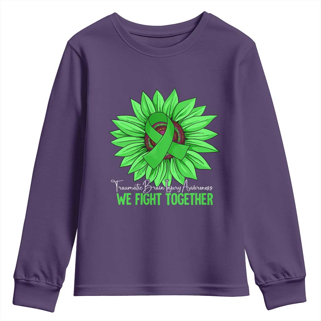 Traumatic Brain Injury Support Youth Sweatshirt TBI We Fight Together Green Sunflower