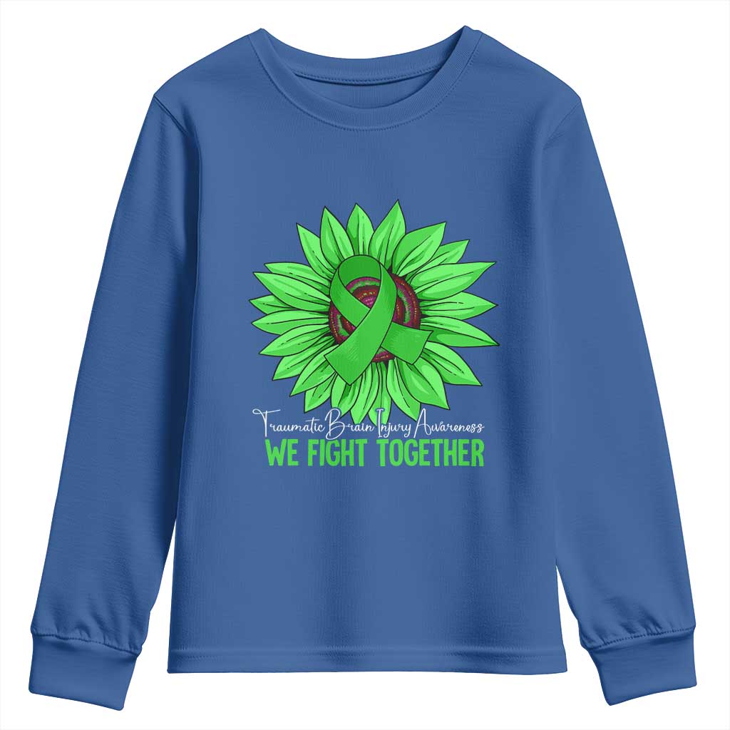 Traumatic Brain Injury Support Youth Sweatshirt TBI We Fight Together Green Sunflower