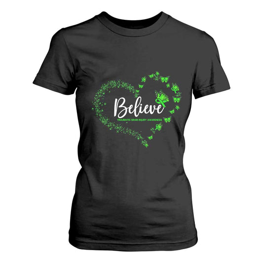 Traumatic Brain Injury Support T Shirt For Women TBI Believe Butterflies