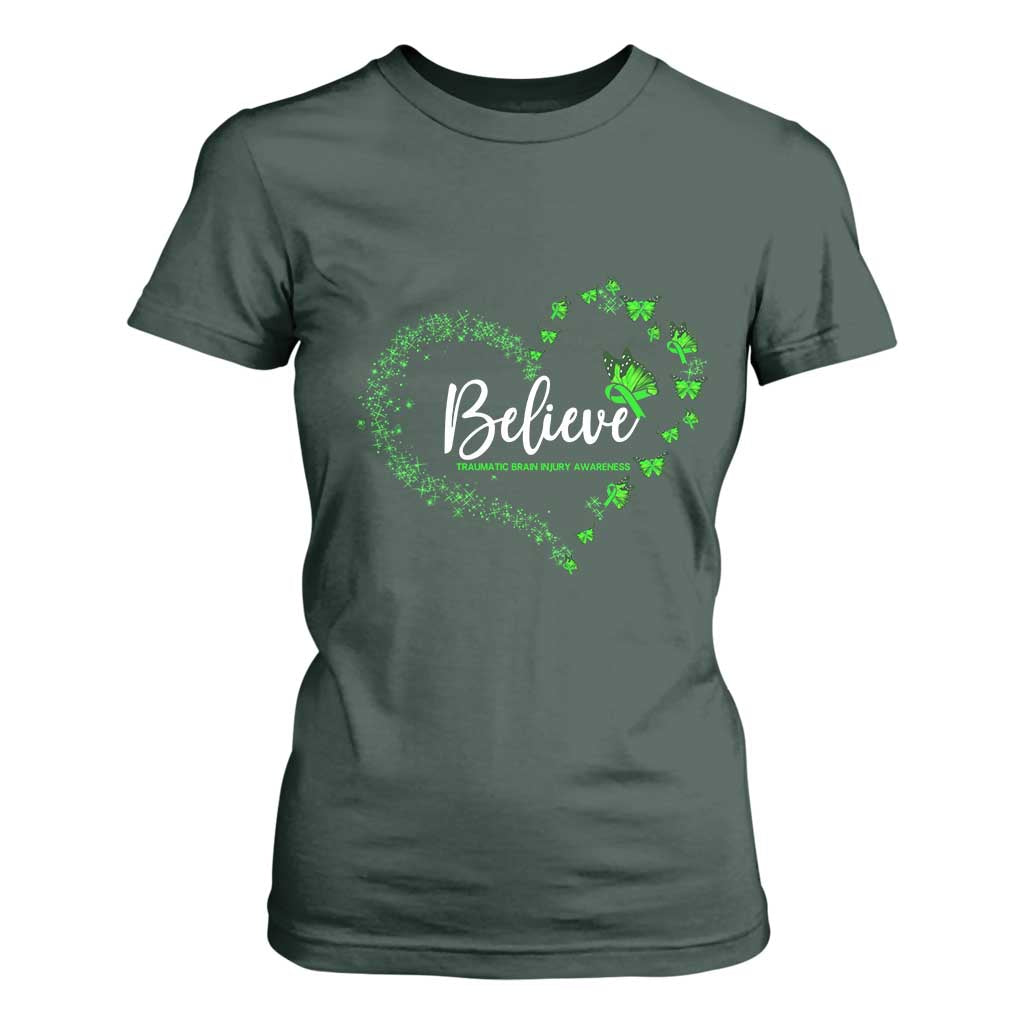 Traumatic Brain Injury Support T Shirt For Women TBI Believe Butterflies