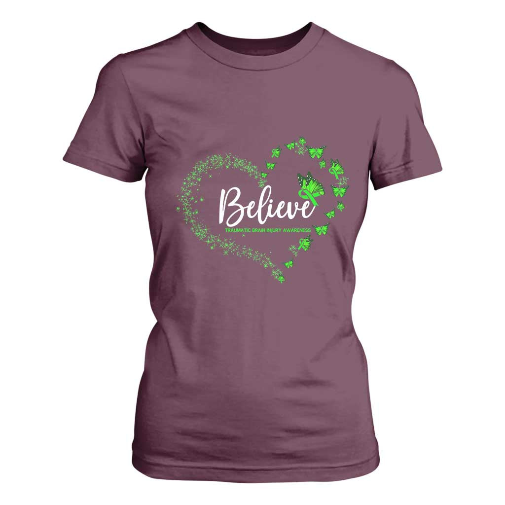 Traumatic Brain Injury Support T Shirt For Women TBI Believe Butterflies