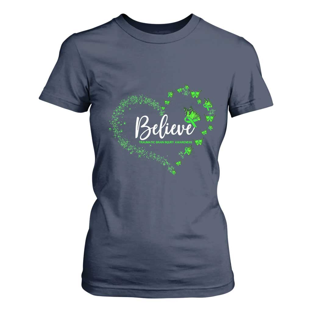 Traumatic Brain Injury Support T Shirt For Women TBI Believe Butterflies