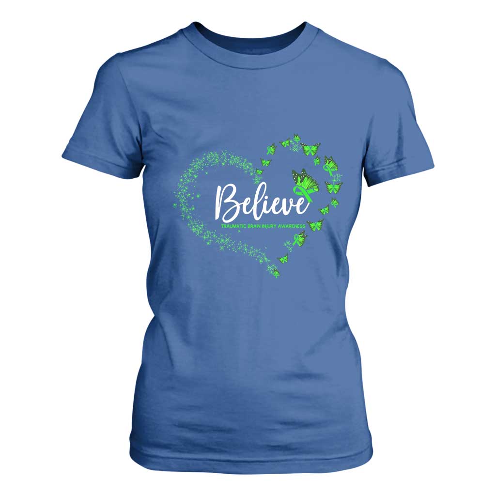Traumatic Brain Injury Support T Shirt For Women TBI Believe Butterflies