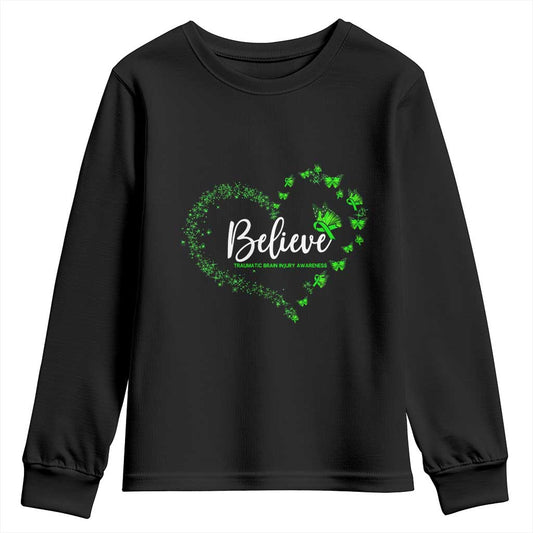 Traumatic Brain Injury Support Youth Sweatshirt TBI Believe Butterflies