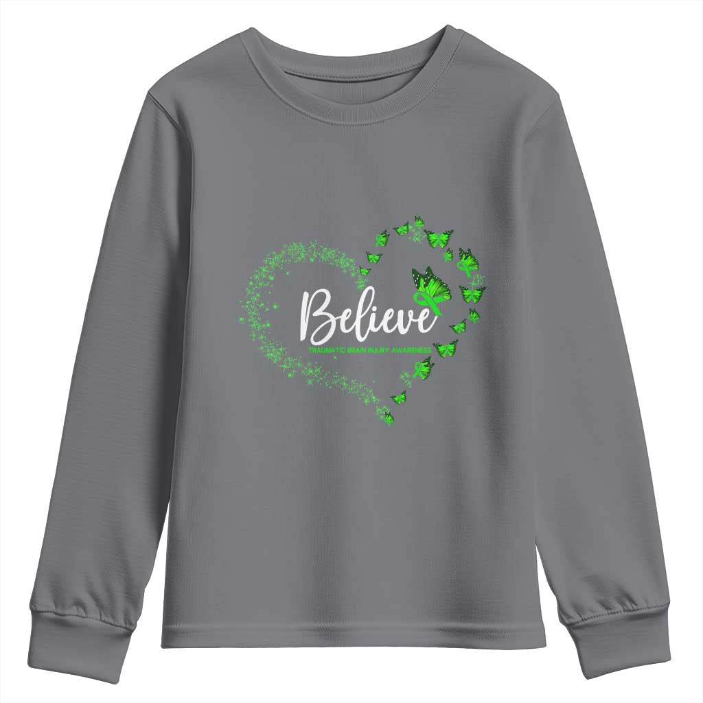 Traumatic Brain Injury Support Youth Sweatshirt TBI Believe Butterflies