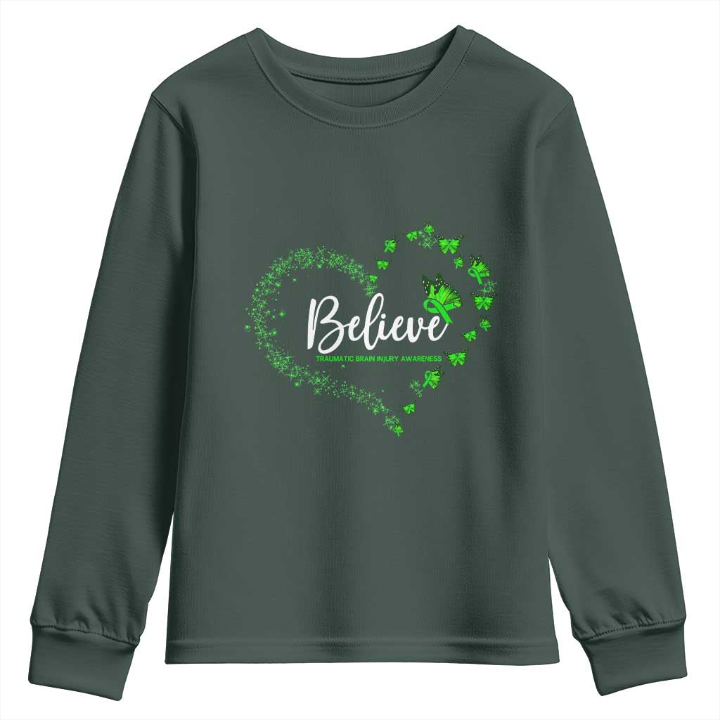 Traumatic Brain Injury Support Youth Sweatshirt TBI Believe Butterflies