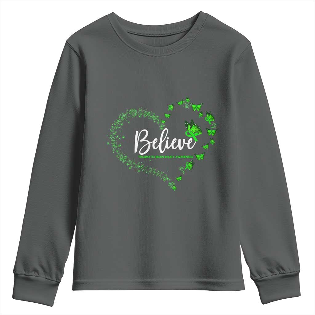 Traumatic Brain Injury Support Youth Sweatshirt TBI Believe Butterflies