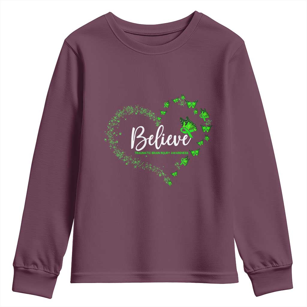 Traumatic Brain Injury Support Youth Sweatshirt TBI Believe Butterflies