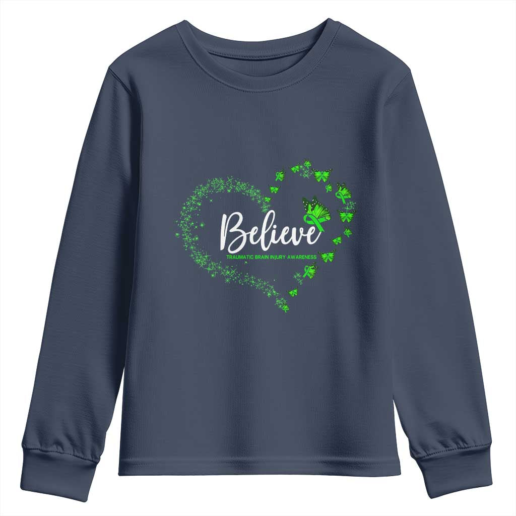 Traumatic Brain Injury Support Youth Sweatshirt TBI Believe Butterflies