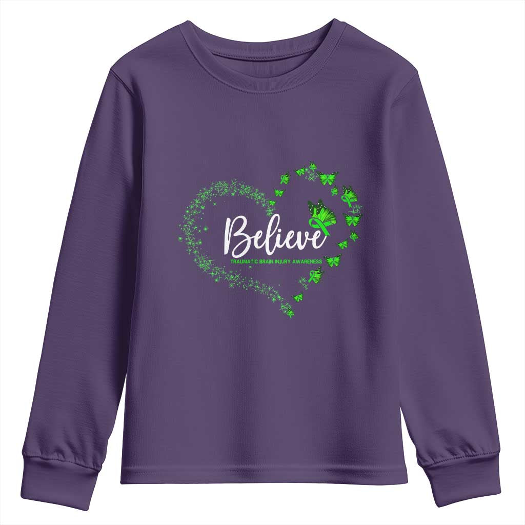 Traumatic Brain Injury Support Youth Sweatshirt TBI Believe Butterflies
