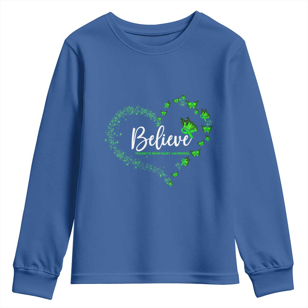 Traumatic Brain Injury Support Youth Sweatshirt TBI Believe Butterflies