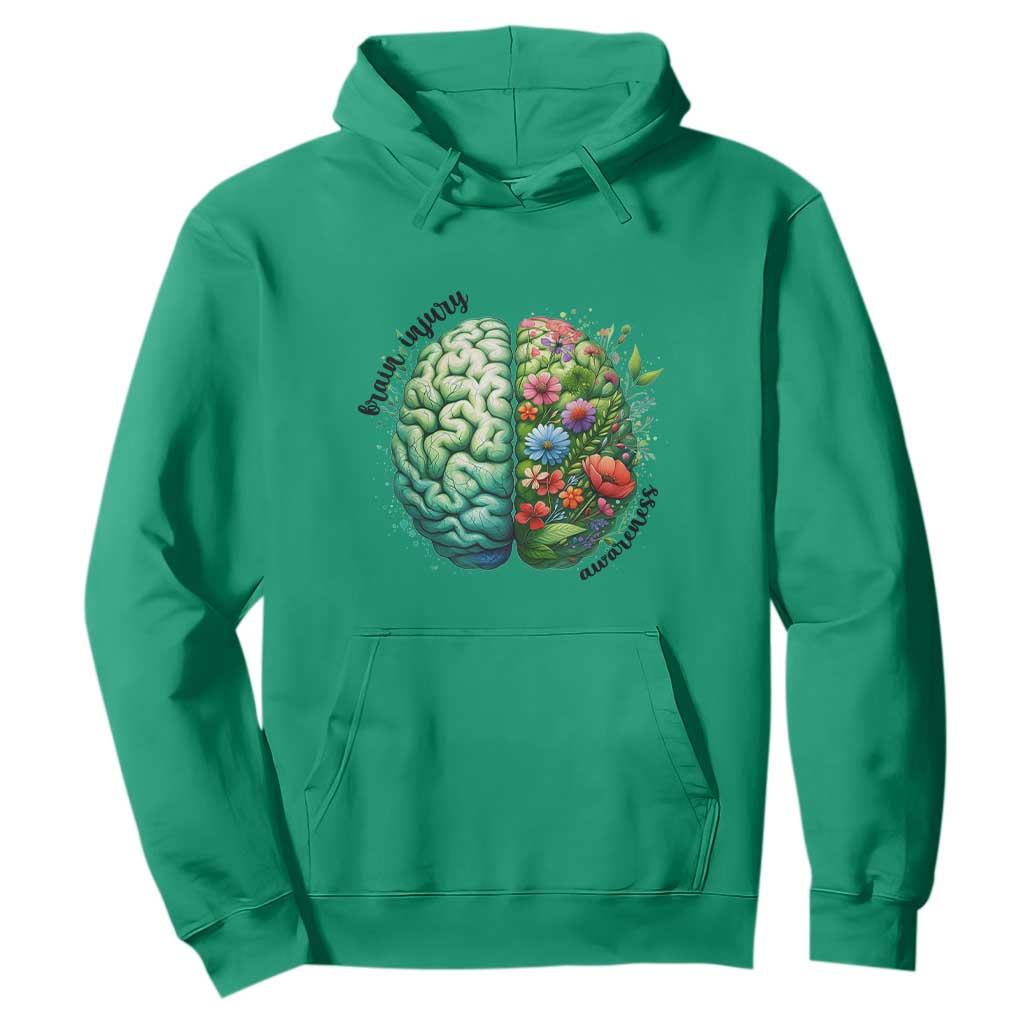 Traumatic Brain Injury Support Hoodie TBI Warrior Green Floral Brain