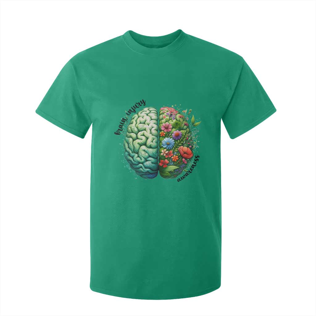 Traumatic Brain Injury Support T Shirt For Kid TBI Warrior Green Floral Brain