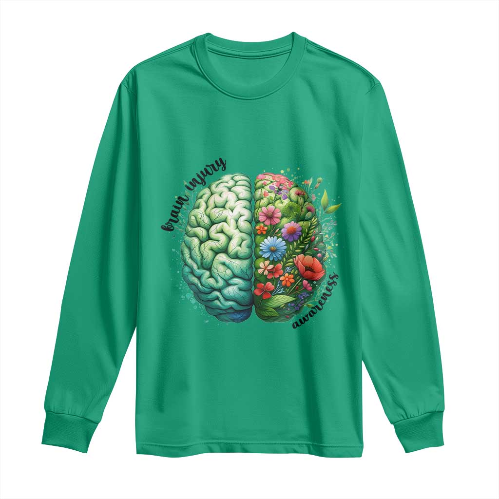 Traumatic Brain Injury Support Long Sleeve Shirt TBI Warrior Green Floral Brain