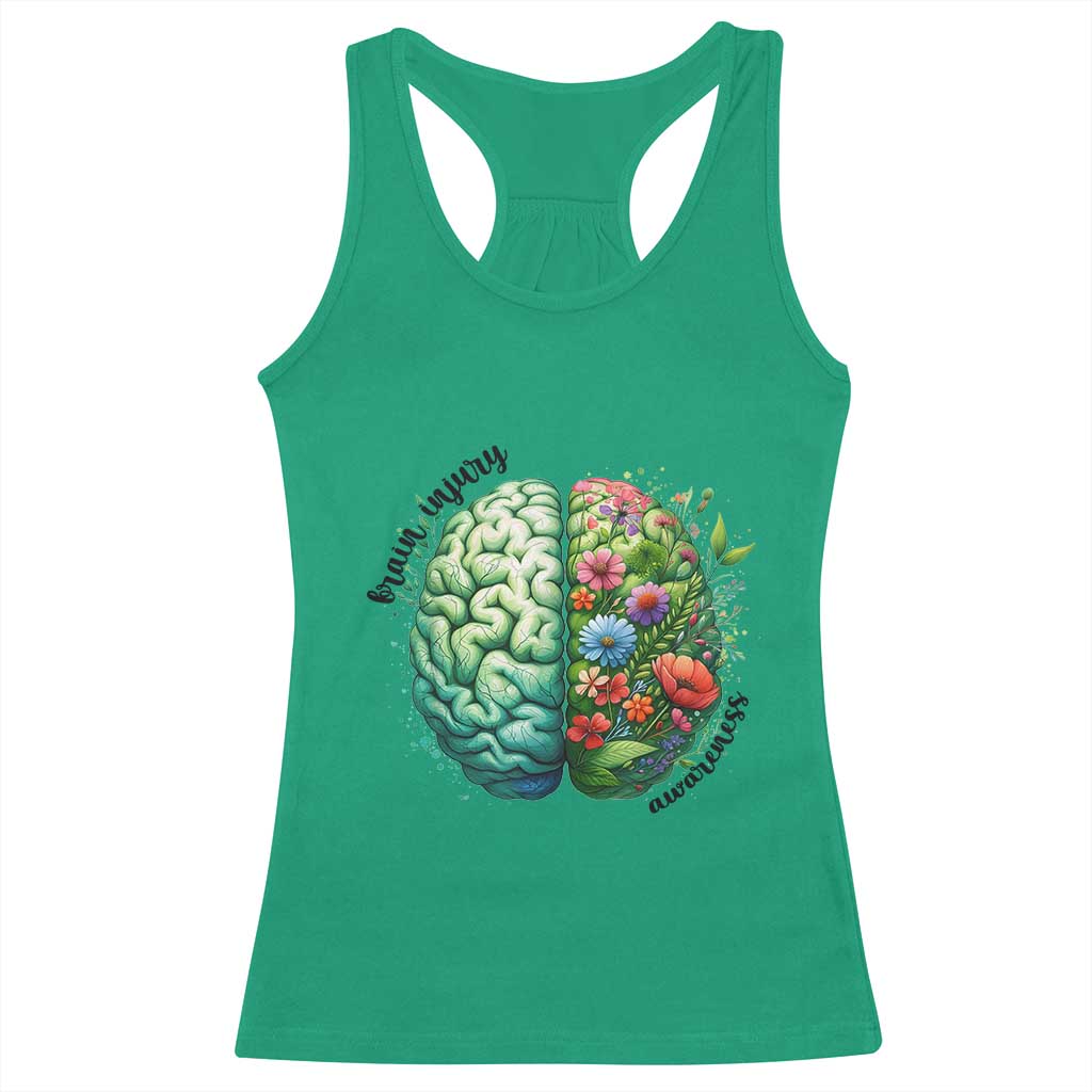 Traumatic Brain Injury Support Racerback Tank Top TBI Warrior Green Floral Brain