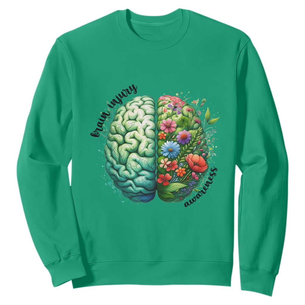 Traumatic Brain Injury Support Sweatshirt TBI Warrior Green Floral Brain