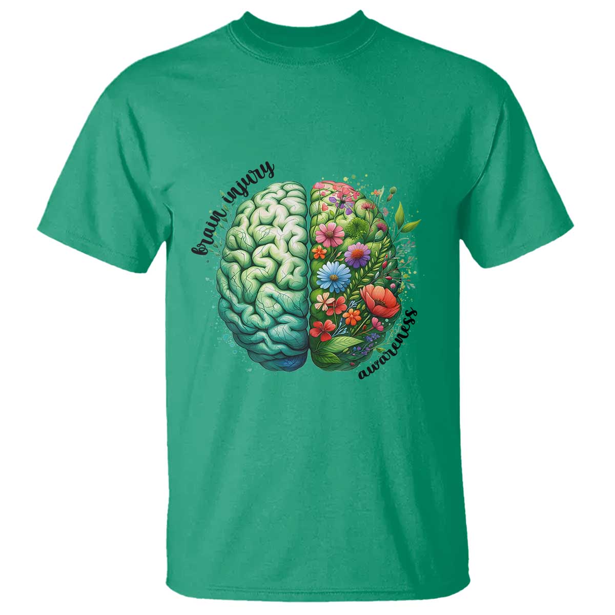 Traumatic Brain Injury Support T Shirt TBI Warrior Green Floral Brain