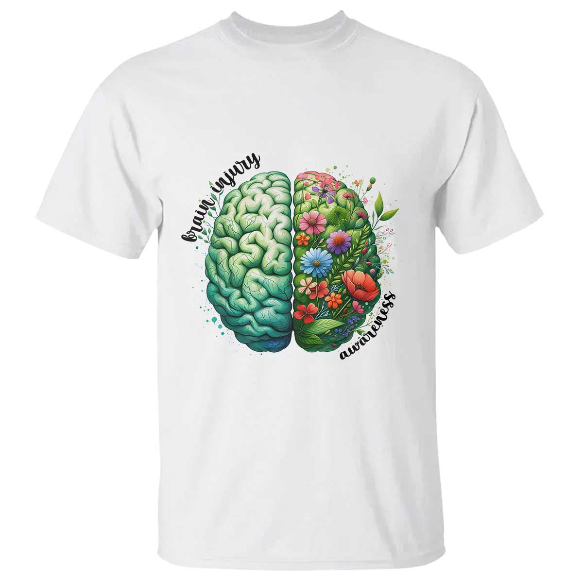Traumatic Brain Injury Support T Shirt TBI Warrior Green Floral Brain