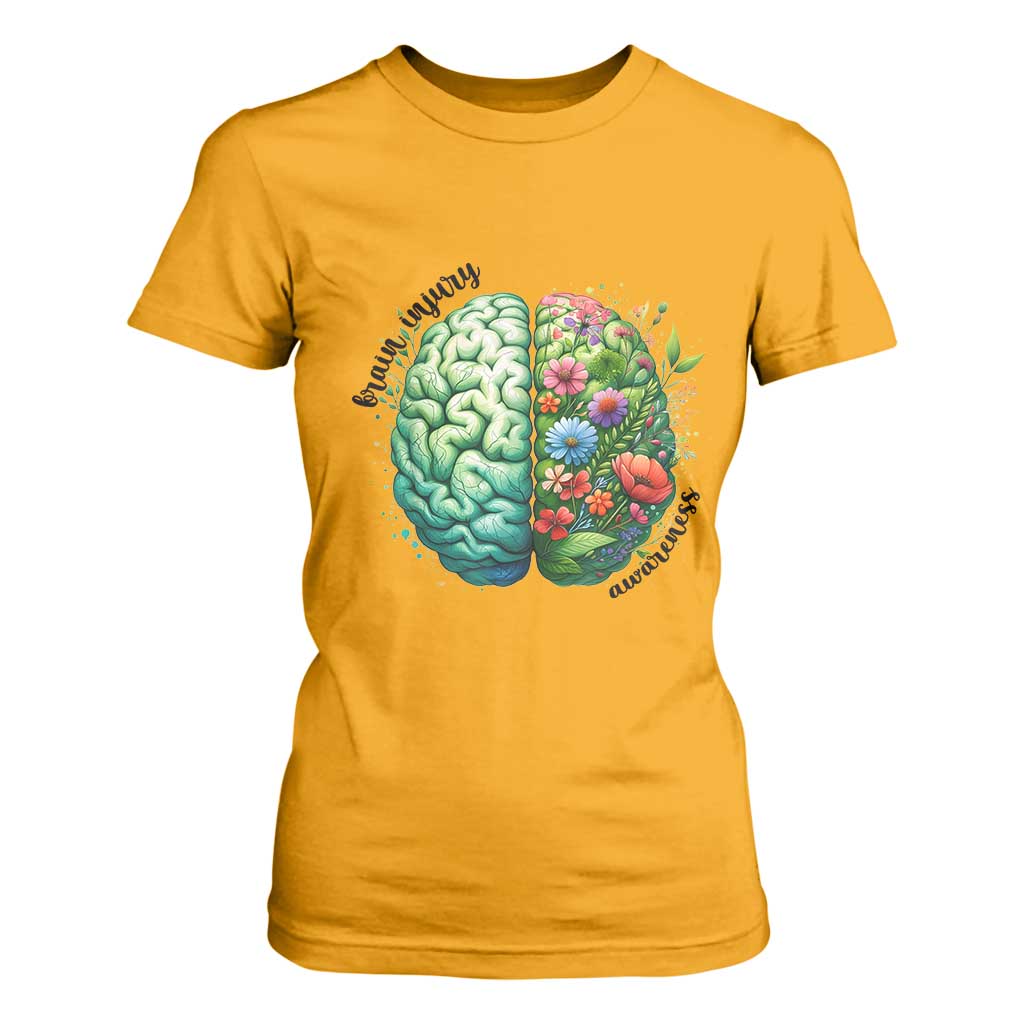 Traumatic Brain Injury Support T Shirt For Women TBI Warrior Green Floral Brain