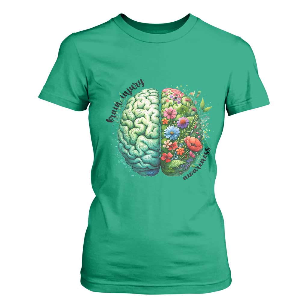 Traumatic Brain Injury Support T Shirt For Women TBI Warrior Green Floral Brain